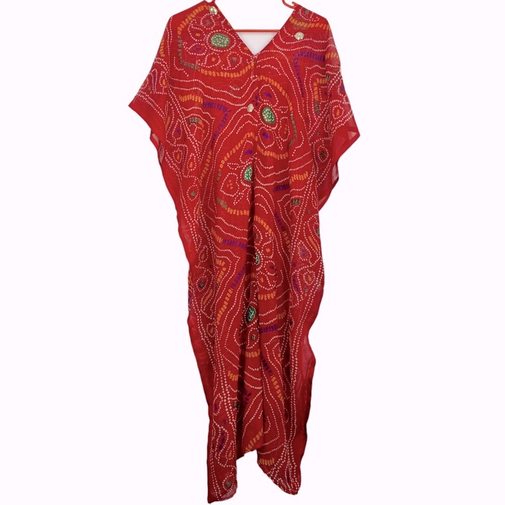 Cynthia Cazort Collins Red Sheer Gauze Sequined Swim Cover Up Caftan